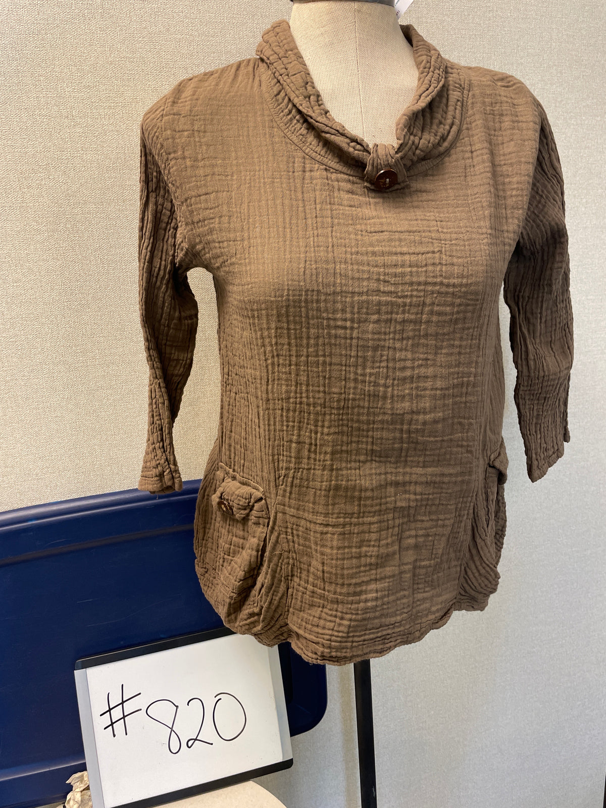 820-Tawai Cotton Rolled Button Neck Brown